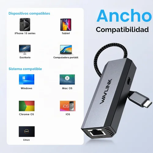 Vista 6 de WAVLINK Adaptador USB C a Ethernet de 2,5 Gbps, adaptador USB a Ethernet de 2,5 G 95W Power for Laptop, USB-C to RJ45 Network Converter