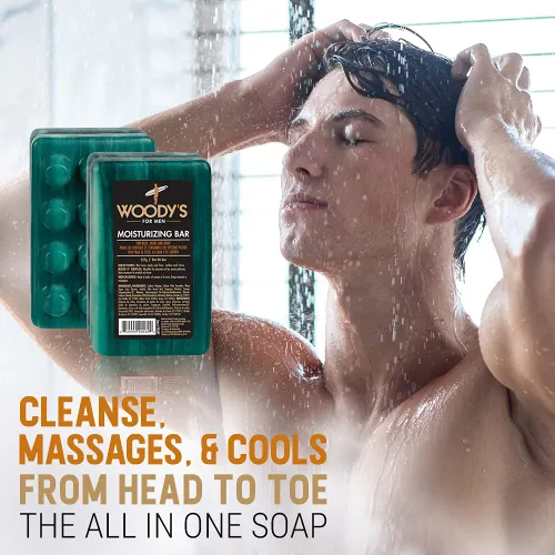 Vista 3 de Woody's Barra hidratante 3 en 1 para hombres, para cabello, afeitado y cuerpo, jabón en barra de masaje multiusos, masaje suave, añade humedad