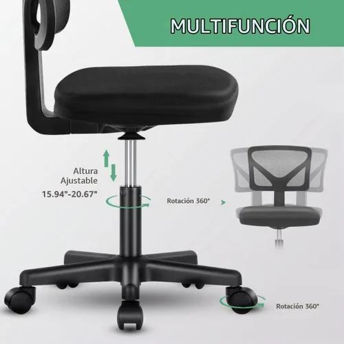 Vista 8 de Silla de oficina de malla sin brazos, silla de escritorio ergonómica con respaldo bajo, sillas giratorias ajustables para computadora para espacios