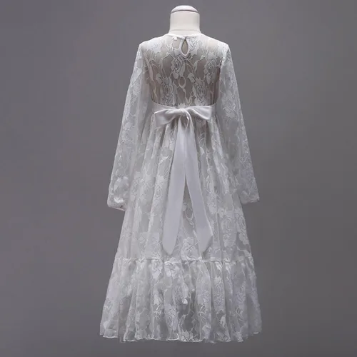 Vista 4 de Vestido de primera comunión con encaje blanco para niñas, boda, dama de honor, fiesta, bautizo, princesa, Aline, bohemio, rústico, baile, Blanco