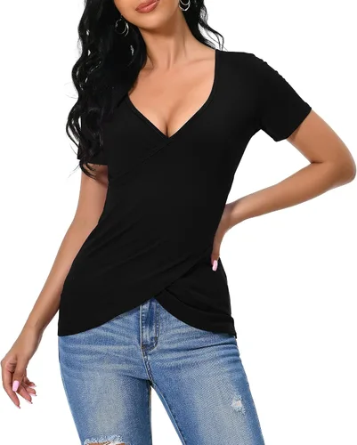 Vista 5 de Afibi - Blusa de manga larga con cuello en V profundo y ajuste slim para mujer A-Negro