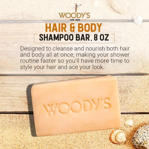 Vista 2 de Woody's Barra de champú 2 en 1 para hombre para cabello y cuerpo, fórmula rica y gruesa, acondiciona, nutre, hidrata, para todo tipo de piel, 8 onzas
