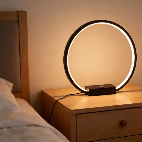 Vista 4 de Lámpara de mesa LED circular con control táctil, regulable de 3 vías, lámpara de mesita de noche con puerto USB, lámparas de mesa modernas, 12 W