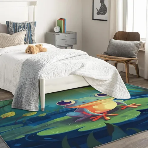 Vista 4 de Alfombra de rana para niños, alfombra de 2 x 3, bonita alfombra de área de animales para decoración de dormitorio y habitación, cuarto de bebé, sala