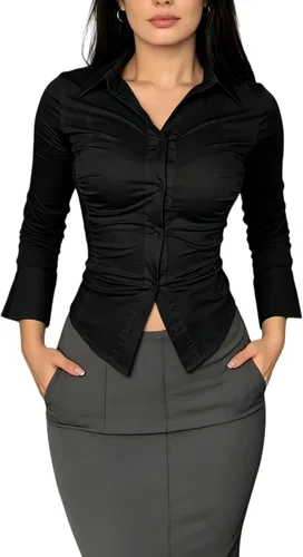 Vista 4 de Camisa sexy de manga larga ajustada con cuello de fila y cintura plisada con botón para camisa de mujer