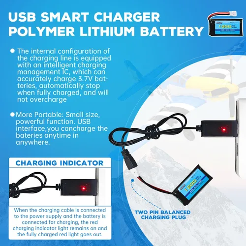 Vista 4 de Batería Lipo de 3.7 V 1200 mAh 30C con cable de carga USB, enchufe Molex para SYMA X5SW X5SC X5SC-1 KY601S RC Drone Accesorios de batería de litio