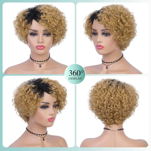 Vista 7 de Quantum Love Pelucas de cabello humano para mujeres negras, peluca de cabello humano corto y rizado con raya lateral, corte Pixie, cabello humano