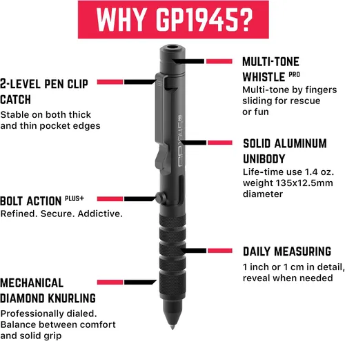 Vista 3 de GPCA - GP 1945 Pen LITE, Alternativa inteligente de luz de bolígrafo, multiherramienta recargable EDC con silbato de rescate multitono, medición