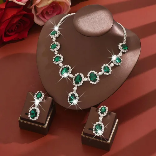 Vista 2 de Missgrace Juego de collar y aretes de diamantes de imitación vintage bohemios brillantes para novia, verde, negro, rojo, collar y aretes para baile