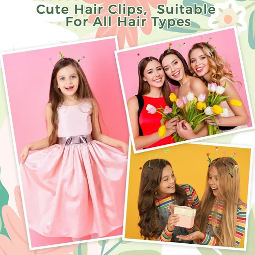 Vista 4 de Tigeen - 100 piezas de pinzas para el cabello con diseño de brotes de judías, divertidas horquillas de plantas, flores de césped, mariposas, hongos