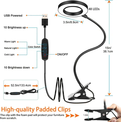 Vista 3 de Brokimis Lámpara de escritorio de protección ocular con clip LED para leer Negro con adaptador