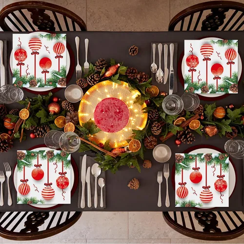 Vista 6 de 50 piezas de servilletas de Navidad para invitados, paquete de 3 capas, servilletas desechables de papel para fiestas, bolas de Navidad, servilletas