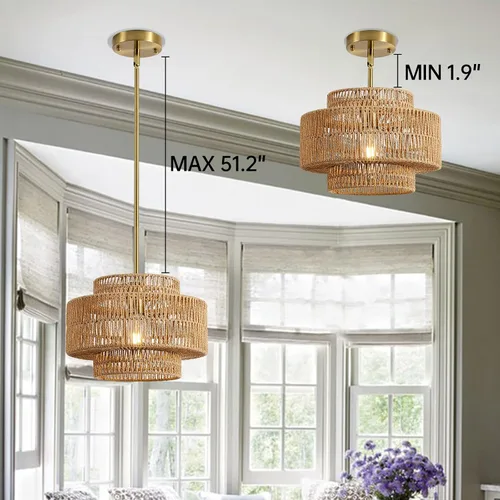 Vista 8 de 12.4” Candelabro de ratán boho, 1 luz, lámpara colgante tejida a mano, lámpara colgante rústica de estilo granja para isla de cocina, recámara