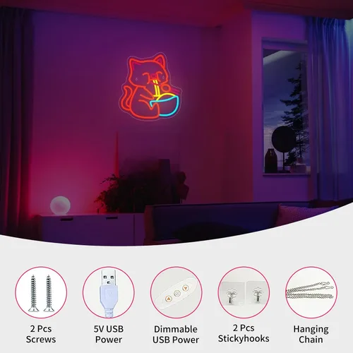 Vista 6 de Letrero de neón con texto en inglés "Noodle Cat" con luz abierta, letras LED para decoración de pared, letreros de puerta decorativos LED