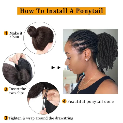 Vista 3 de Oseti Dreadlock - Cola de caballo rizada negra con cordón para mujeres negras, accesorios de moño de pétalos cortos con clip en colas de caballo