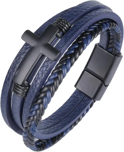 Vista 15 de Pulsera de cuero para hombre con cruz trenzada de varias capas con cierre de acero inoxidable, regalos religiosos cristianos para él