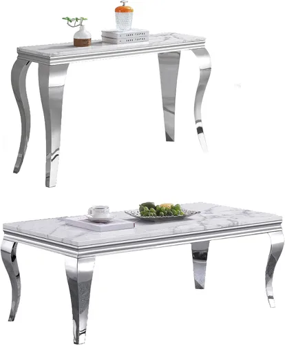 Vista 34 de SSLine Moderna mesa de centro de 1 pieza para sala de estar, mesa de centro de lujo de mármol sintético con patas de acero inoxidable en forma de S