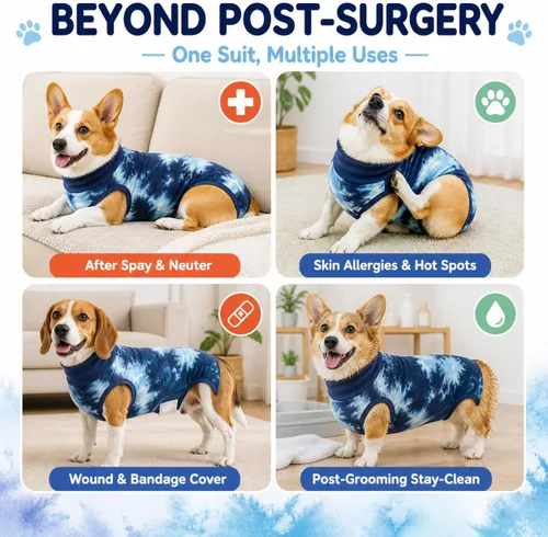 Vista 7 de Traje de recuperación transpirable para perros macho/hembra, mameluco de perro de tie dye azul para heridas abdominales, alternativa a cono y collar