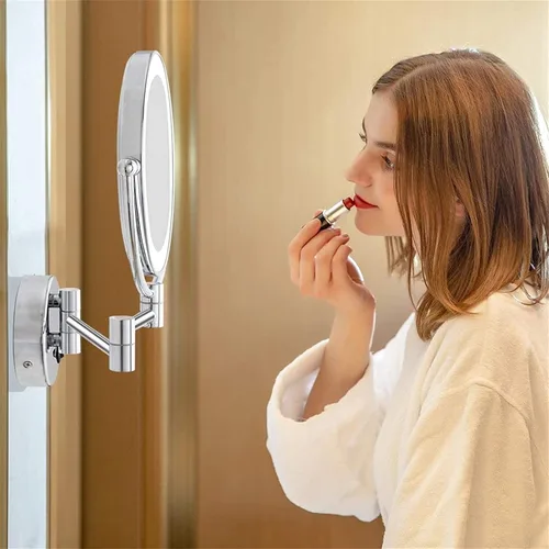 Vista 3 de Espejo de maquillaje con luz LED y aumento, espejo de afeitado de doble cara para baño, espejo extensible de tocador con enchufe, latón, 3X
