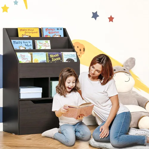 Vista 2 de HOMCOM - Estantería para niños, organizador de varios estantes con cajón de almacenamiento, color marrón para libros, sala