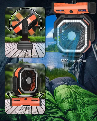 Vista 5 de ADUST Ventilador de campamento de 12 pulgadas, funciona con pilas, con linterna LED, ventilador oscilante portátil recargable de 44000 mAh