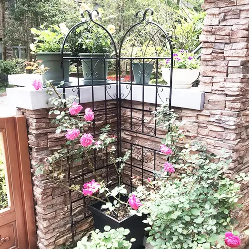 Vista 9 de Arco de jardín de metal, 55 pulgadas de ancho x 94.5 pulgadas de alto, enrejado para plantas trepadoras, soporte para arco de rosas, arco al aire