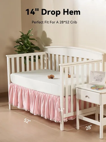Vista 3 de TILLYOU Falda de cuna de bebé para niñas y niños, falda de cama con volantes con pompones, 28 x 52 pulgadas, caída de 14 pulgadas, rosa