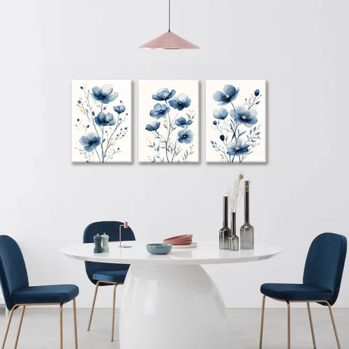 Vista 3 de okudolit Lienzo con flores silvestres azul marino enmarcado Arte de pared de lienzo Set de 3 Flores Imágenes Impresiones Impresión de flores