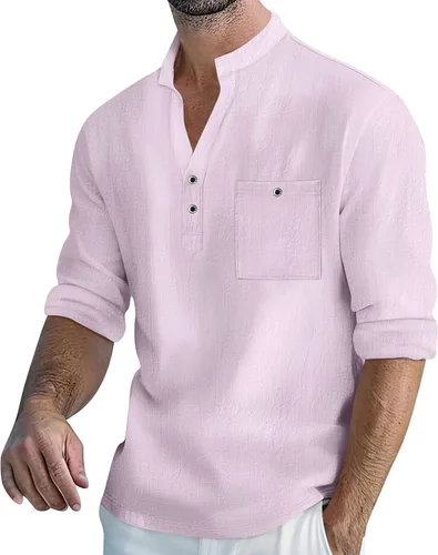 Vista 11 de Men's Henley Shirts Roll-Up Long Sleeve Band Collar Tops Casual Breathable Summer Beach Tees for
