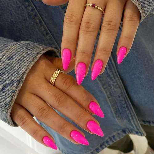 Vista 34 de Uñas postizas a presión color rosa bebé con forma de almendra, 48 piezas, uñas postizas gruesas neutras para mujeres, uñas de almendra medianas a