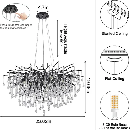 Vista 3 de Candelabro de cristal negro de 23.6 pulgadas, moderno colgante de techo de flores, iluminación colgante de rama de árbol, gota de lluvia, lámpara