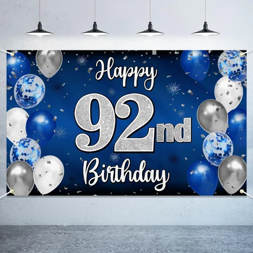 Vista 23 de Decoración de feliz cumpleaños número 100, globo azul y plateado grande cartel de fondo de cumpleaños de 100 años - Suministros para fiesta