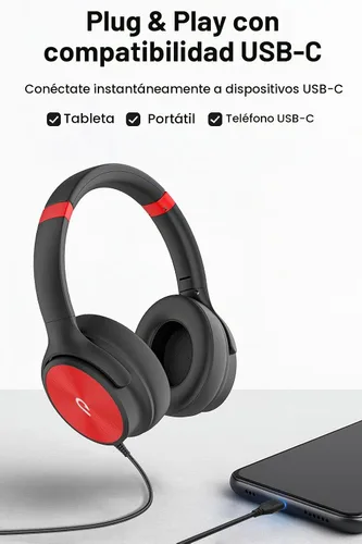 Vista 3 de ADOOPE Auriculares con cable USB C de diadema con micrófono, sonido estéreo de alta fidelidad, almohadillas aislantes de ruido, ajuste cómodo