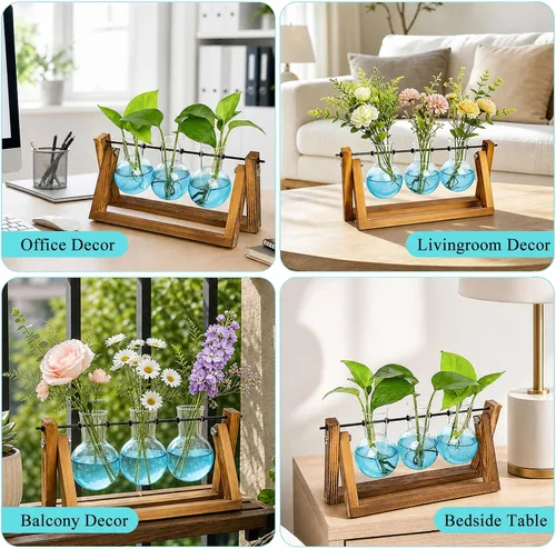Vista 7 de XXXFLOWER Kit de terrario para plantas con soporte de madera, 3 jarrones de Azul