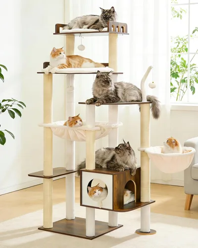 Vista 9 de Heybly Árbol para gatos, torre alta de madera para gatos grandes de Marrón rústico