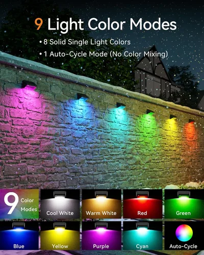 Vista 5 de Luces solares para valla al aire libre, paquete de 12 luces RGB Negro