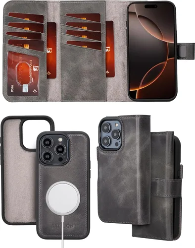 Vista 18 de Bayelon Estuche tipo billetera para iPhone 15 Pro, cartera de cuero desplegable de tres pliegues, cubierta tipo folio magnética desmontable, soporte