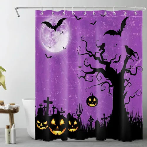 Vista 17 de EOBTAIN Cortina de ducha de cielo nocturno azul de Halloween para baño, espeluznante calabaza y murciélago en árbol muerto en cementerio aterrador