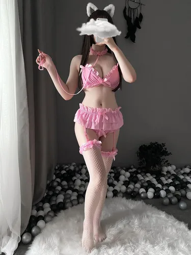 Vista 4 de Conjunto de lencería sexy para mujer, de gasa, con volantes, con tirantes, babydoll