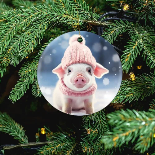 Vista 5 de Adorno de animales de granja, cerdo, adornos para árbol de Navidad, animales de granja para niños y niñas, decoración redonda de cerámica