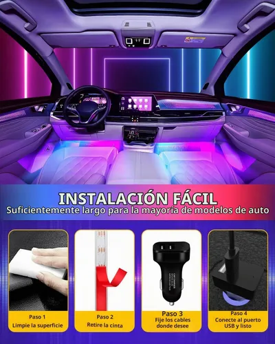 Vista 3 de YM E-Bright - Luces LED para interior de coche, 2 líneas RGBIC App Remote Music Sync App and remote control add multicolor music-sync lighting