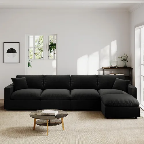 Vista 16 de Sofá seccional moderno de lino en forma de L para sala de estar, sofás modulares con relleno de plumón, fundas de cojín de sofá desmontables, sofá