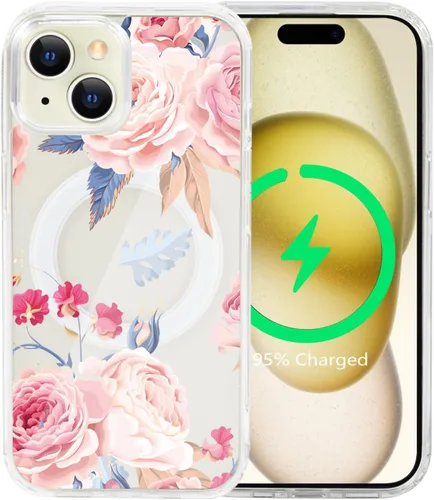 Vista 32 de Funda magnética de flores para iPhone 15 [compatible con MagSafe] Bonito patrón floral transparente a prueba de golpes