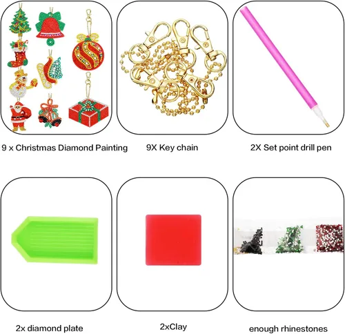 Vista 3 de Hicarer 9 piezas de adornos de Navidad de doble cara 5D DIY pintura de diamantes de Navidad kits de llaveros para adultos DIY llavero arte colgante
