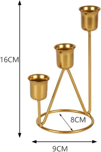 Vista 4 de Candelabros dorados de tres cabezas, candelabro de hierro con cara brillante para decoración del hogar, banquete, aniversario de boda, fiesta