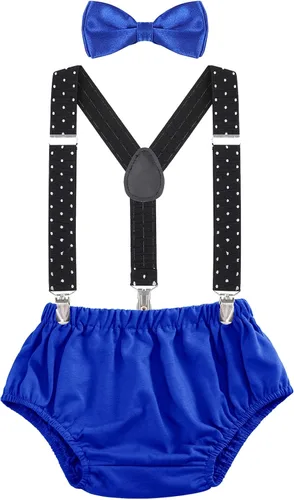 Vista 7 de AWAYTR Conjunto de bombones para bebé niño con tirantes y pajarita para fiesta de primer cumpleaños Beige