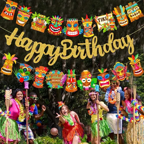 Vista 7 de Hawai Luau - Pancarta hawaiana de Tiki para fiesta de cumpleaños, 3 unidades, decoración de fiesta de Aloha para colgar, guirnaldas de Tiki