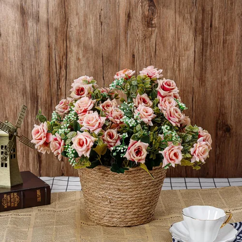 Vista 6 de Flores artificiales, 5 racimos, 12 rosas pequeñas de seda falsa, arreglo de flores de plástico para ramos de boda, decoración del hogar, centros