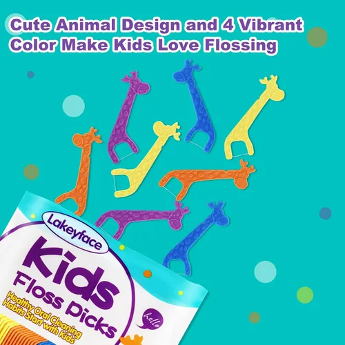 Vista 4 de Lakeyface 300 unidades de hilo dental para niños, lindas púas de hilo dental de jirafa para niños, sin flúor, sin BPA, hilo dental sin sabor, 4