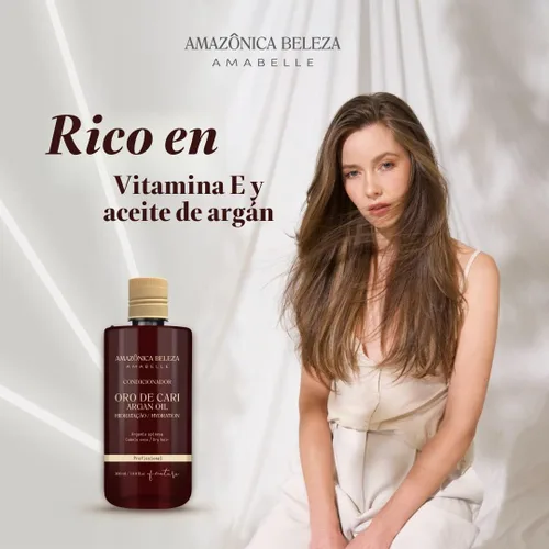 Vista 4 de AMAZONICA BELEZA Acondicionador Oro de Cari, hidratación intensiva para cabello seco con aceite de argán y vitamina E, línea profesional, 10 onzas